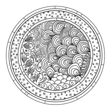 Zendala. Zentangle. Hand drawn circle mandala with abstract patterns on isolation background. Design for spiritual relaxation for adults. Line art creation. Black and white illustration for coloring.