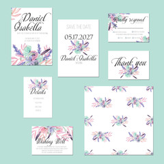 Template cards set with watercolor flower bouquets in pink and purple shades; wedding design for invitation, Save the date card, RSVP, Thank you card, Wishing Well card,  for anniversary day
