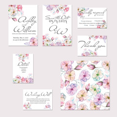 Template cards set with watercolor flowers of apple tree and roses; wedding design for invitation, Save the date card, RSVP, Thank you card, Wishing Well card,  for anniversary day