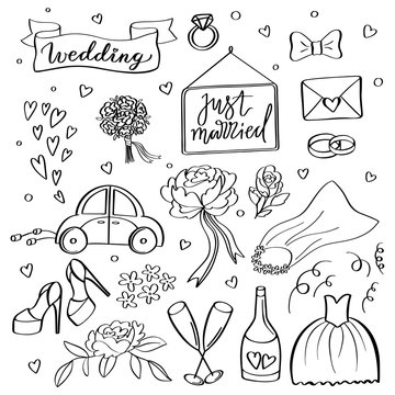 Wedding icons. Hand sketched vector wedding symbols bride, groom, couple, love, rings, honeymoon, celebration
