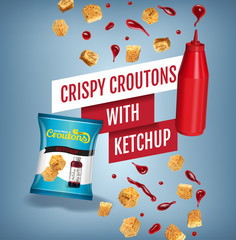 Vector realistic illustration of croutons with ketchup.