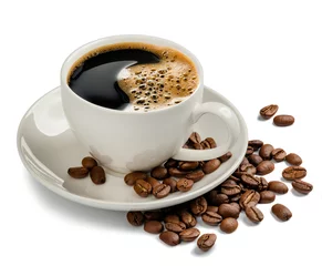 Foto op Plexiglas Koffiekopje en koffiebonen op witte achtergrond © Ruslan Semichev