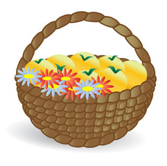 Basket with fruits and flowers in a forest glade