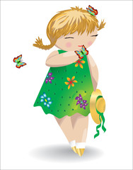 A girl with pigtails in a green dress with butterflies on her hair and on her palm, a hat in her hand