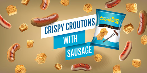 Vector realistic illustration of croutons with sausage.