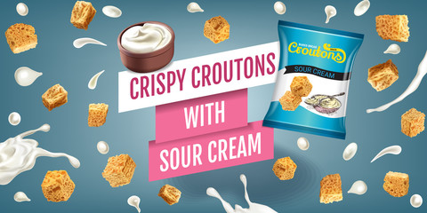 Vector realistic illustration of croutons with sour cream.