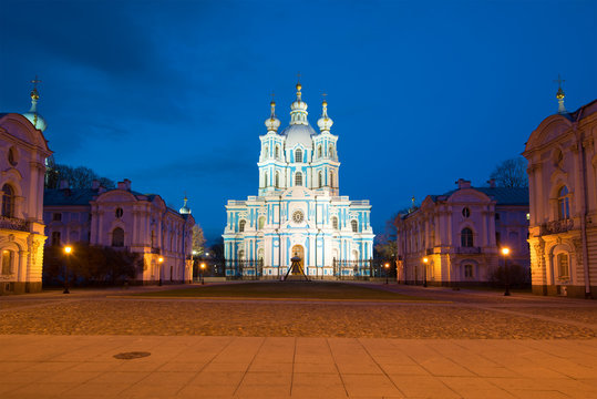 View of the Smolny Cathedral in the May night. Saint-Petersburg, Russia