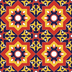 Spanish tile pattern vector seamless with flowers motifs. Azulejo portuguese tiles, mexican talavera or italian majolica motifs. Tiled print for wrapping, background or ceramic.