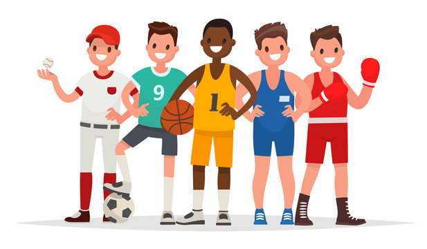 Summer sports. Set of players in baseball, basketball, soccer, Greco-Roman wrestling and boxing