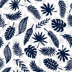 Tropical Leaves seamless pattern, modern hand drawn nature foliage