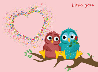 pair of owls in love. Vector. Colorful confetti in the form of hearts