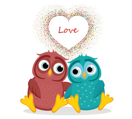 pair of owls in love. Vector. Colorful confetti in the form of hearts