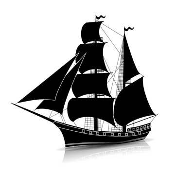 silhouette vintage sailing ship with reflection