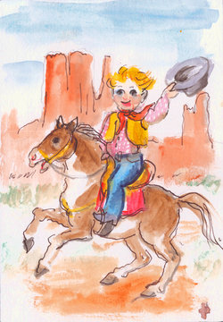 child cowboy on his horse with a hat in his hand waving prerie in the back