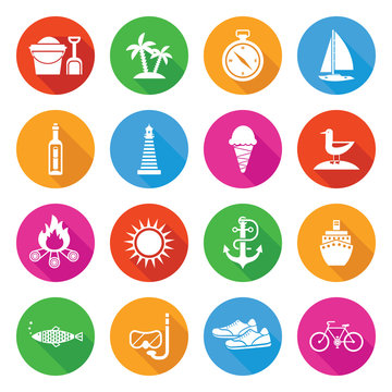 Colorful Summer Vacation and Tourism Icon Set