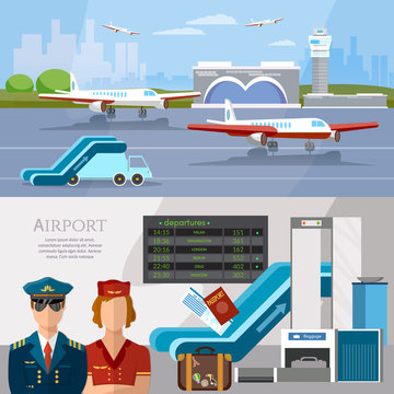 Airport international airlines banner airport terminal aircraft runway airline pilot stewardess baggage inspection scanner vector