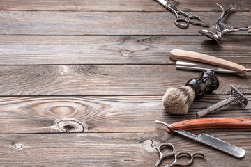 Vintage barber shop tools on wooden background - 154614769