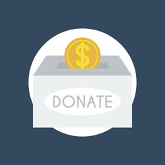 Donation box icon with golden coin. Flat design