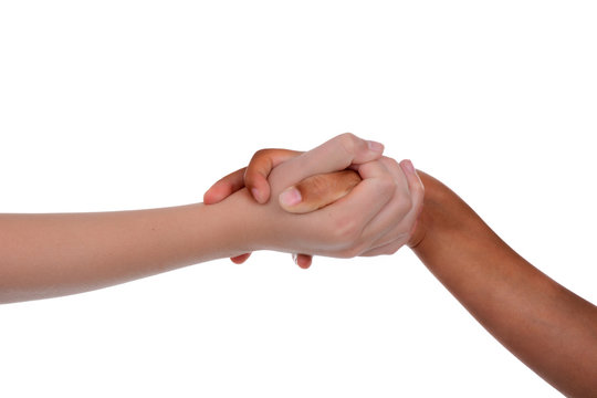 young children holding hands white background