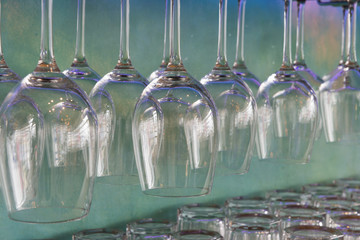 Rows of Clean Wine Glasses Hanging on Rack