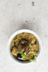 Overhead of a Bowl of Aubergine Soup with Copy Space