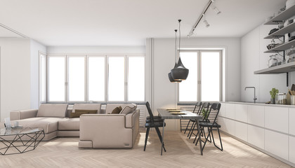 3d rendering scandinavian living room and kitchen