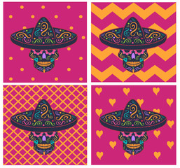 Mexican skull with sombrero and zig-zag background pink