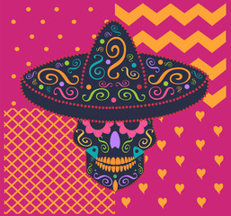 Mexican skull with sombrero and zig-zag background pink