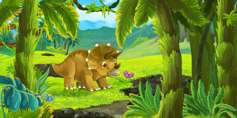 Cartoon nature scene with active volcano and standing triceratops - illustration for children