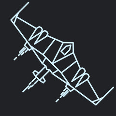 Spaceship outline, linear flying rocket vector
