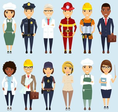 Set of different professions. Boys and girls. Different ethnically. Professionals. Doctor, teacher, policeman, engineer, Builder, chef, fireman, businessman.