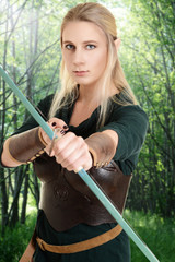 female wood elf using bow and arrow