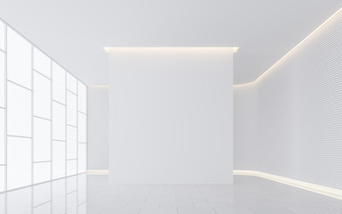 Empty white room modern space interior 3d rendering image.A blank wall with pure white. Decorate wall with horizon line pattern and hidden light