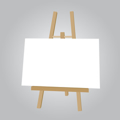 Vector illustration of wooden easel with blank white paper, isolated on grey background