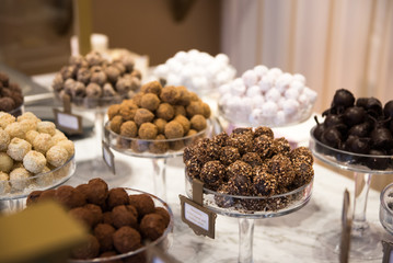 Selection of chocolate in a row, shop in Belgium