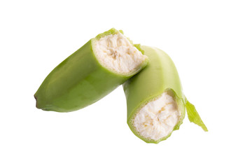 Cut of green bananas isolated on white background.