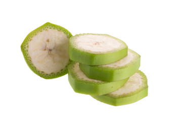 Cut of green bananas isolated on white background.