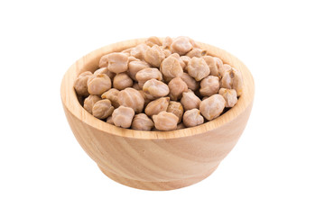 Garbenzo beans on a wooden bowl isolated on a white background