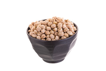Garbenzo beans in a ceramic bowl isolated on a white background
