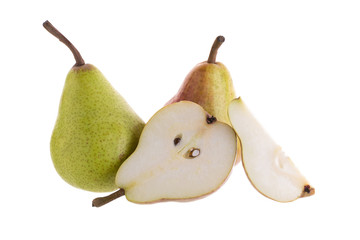 Fototapeta na wymiar Ripe green and red pears isolated on a white background