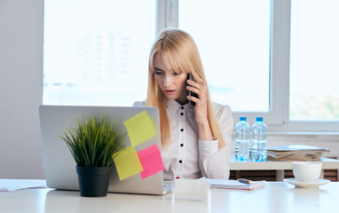 laptop, note, business lady talking on the phone