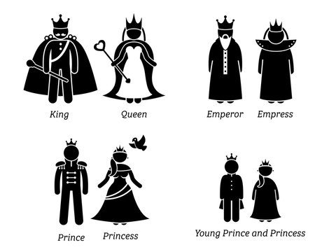 Royal Family. Pictogram set depicts the cartoon characters of the king, queen, emperor, empress, prince, princess, and the royal children.