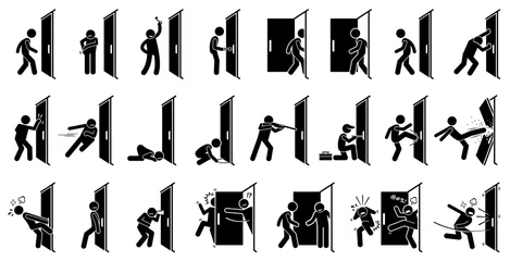 Fotobehang Man and Door Pictogram. Cliparts depict various actions of a man with a door.  © leremy