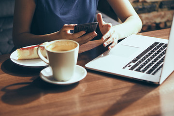 cup, laptop, woman, phone