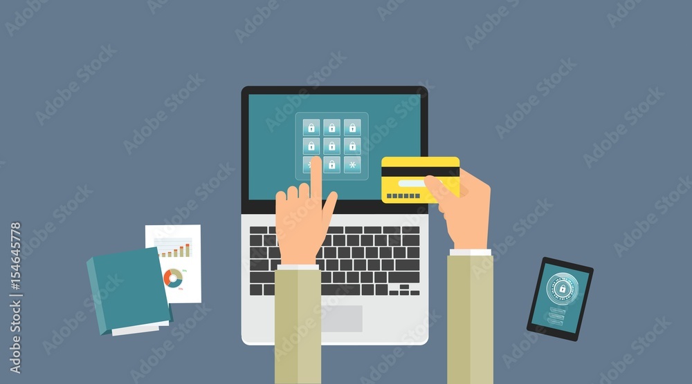 Poster flat vector technology online banking security concept and internet cyber security concept