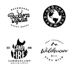 hand drawn wanderlust logotypes, wilderness badges