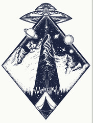 UFO tattoo art and t-shirt design. Invasion of aliens. Aliens kidnap human. Mystical symbol paranormal phenomena,  first contact, UFO kidnapped  tourist from tent in mountains tattoo © intueri