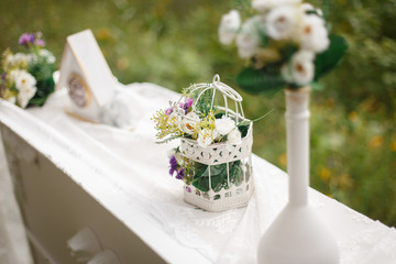 Wedding Decoration. clock, bouquet on table
