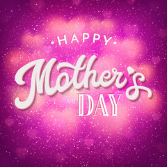 Mothers Day card or banner template with shiny bokeh blurred hearts and glitter texture confetti. Romantic poster with 3d white hand lettering text on purple backdrop. Font vector illustration. EPS10