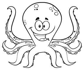 Black And White Happy Octopus Cartoon Mascot Character. Illustration Isolated On White Background